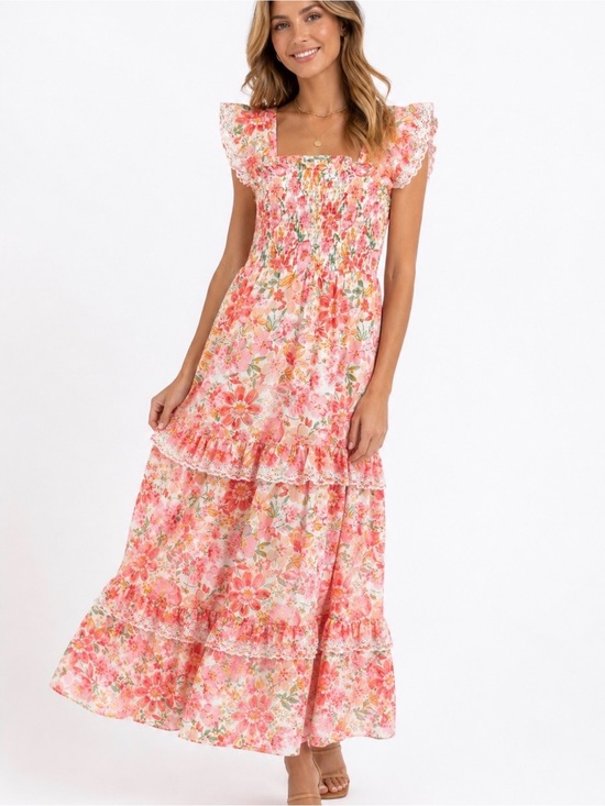 Haute Hippie Dresses & Skirts - Haute Hippie Pink Floral Tiered Smocked Bodice Maxi Dress size 12